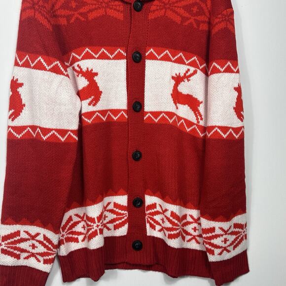 COOFANDY Men’s XL Red Reindeer Christmas Cardigan Sweater Shawl Collar Fair Isle - Picture 9 of 11